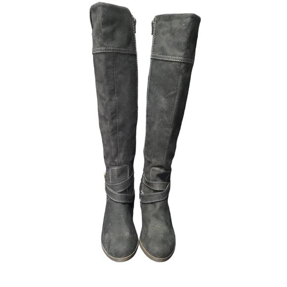 New Direction Black Suede Like Material Buckle Harness Strap High Heel Boots - Picture 2 of 10